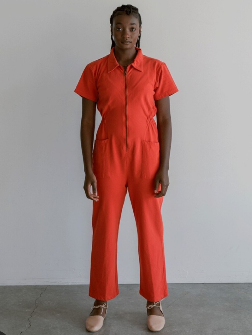 Noble Red Orange Short Sleeve Zip Front Cropped Utility Jumpsuit